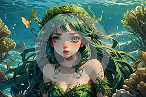 The Tale of an Adult Seaweed Fairy with Glistening Gold Eyes, Blueish-Green Skin, and Long Sea Weedy