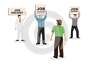 A talent looking and choosing three employers with their signboard, attracting him into their company. Concept of recruitment,