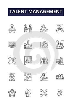 Talent management line vector icons and signs. Management, Recruitment, Retention, Engagement, Training, Performance