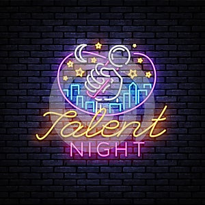 Talent Night Neon Signboard Vector. Talent Show neon sign, design template, modern trend design, night signboard, night