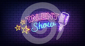 Talent show banner, poster, neon sign with stars and microphone, bright signboard, advertising or invitation, event
