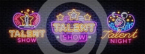 Talent Show set neon sign vector design template. Talent Night neon signs, light banner design element colorful modern