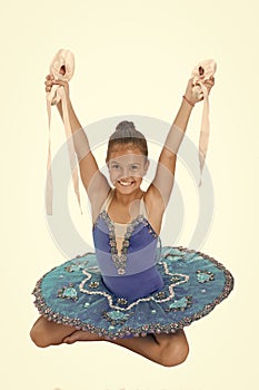 Talented ballet dancer. Kid dress ballet skirt white background isolated. Child practice dancing. Girl dancer gorgeous