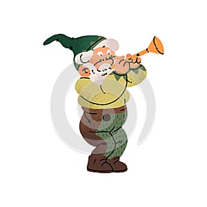 Talented bearded garden gnome plays music. Cute fairytale dwarf blowing pipe, wind instrument. Magic musician holds horn