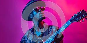 Talented, Charismatic Africanamerican Musician Rocks Guitar On Vibrant Neon Background Music Personified photo