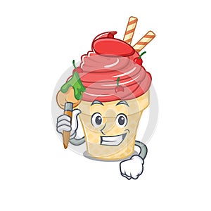 Talented cherry ice cream Artist cartoon character with brush
