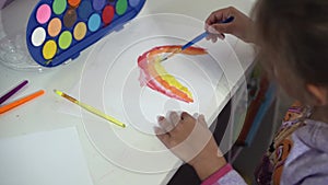 Talented Creative Child Girl Female Artist Draws Rainbow sky summer on Paper, Using Fingers Paints Brush Creates
