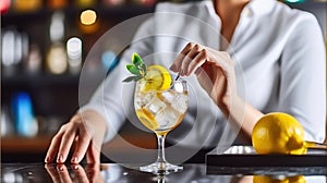 Talented Female Barkeeper Adding a Touch of Elegance to a Cocktail with Lemon Peel in a Stylish Modern Bar. Generative AI