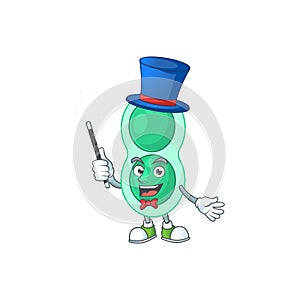 Talented green streptococcus pneumoniae Magician cartoon mascot design style