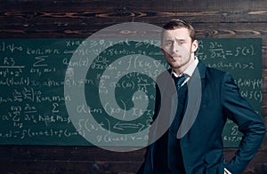 Talented mathematician. Teacher smart student intrested math physics exact sciences. Man formal wear classic suit looks