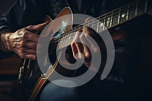 Talented unrecognizable male artist African-American musician close up male hands playing guitar fingers touching