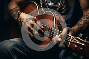 Talented unrecognizable male artist Caucasian musician teacher close up male hands playing guitar fingers touching