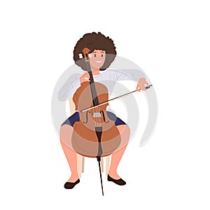 Talented woman classical musician cartoon character playing contrabass isolated on white background