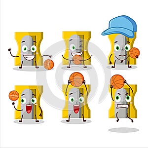 Talented yellow pencil sharpener cartoon character as a basketball athlete