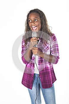 Talented young diverse singer singing into a microphone photo