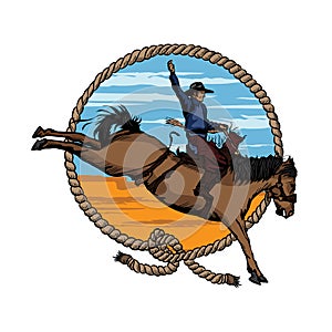 Rodeoman riding a horse vector illustration logo in retro color photo