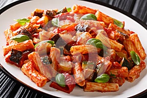 Talian Pasta Tortiglioni with eggplant, zucchini, pepper and basil in tomato sauce close-up in a plate. horizontal