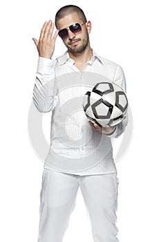 Talk abouth fotball, man isolated on the white background photo
