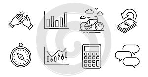 Talk bubble, Calculator and Financial diagram icons set. Cashback, Clapping hands and Bike rental signs. Vector
