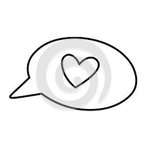 Talk bubble with heart inside. Heart in round speech line icon. Heart sign symbol. Vector illustration in doodle style isolated on