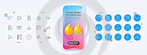 Talk, Chemical hazard and Balance line icons. For web app, printing. Phone mockup with 3d quotation icon. Vector