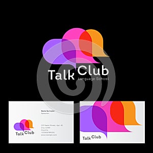 Talk Club logo. Language school logo. Conversational club icon. Chat logo. Community emblem. Three multi-colored bubble.