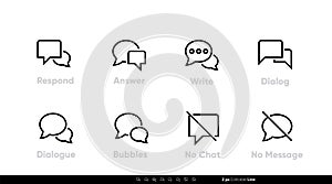 Talk icon line. Respond, Answer, Dialog, No Chat, No Message set. Editable line stroke on white