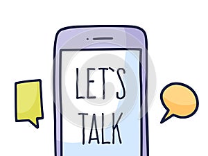 Talk phone chat concept. Talk application logo, mobile phone with chat. doodle style vector illustration