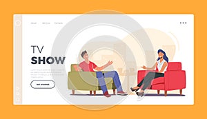 Talk Show Broadcast Landing Page Template. Host and Famous Guest Characters Chatting in Studio, Entertaining Tv Program