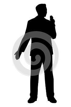 Talk show man with microphone in hand silhouette vector