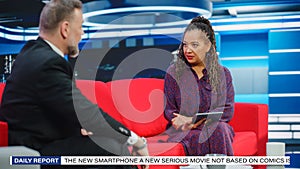 Talk Show TV Program, News Interview and Discussion: Presenter and Guest Talk. Cable Channel Hosts