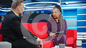 Talk Show TV Program, News Interview and Discussion: Presenter and Guest Talk. Cable Channel Hosts
