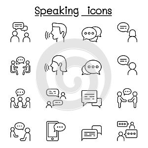 Talk, speech, discussion, dialog, speaking, chat, conference, meeting icon set in thin line styl