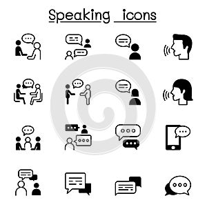 Talk, speech, discussion, dialog, speaking, chat, conference, meeting icon set vector illustration