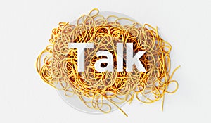 Talk word on a tangled pile of string. mental health and problem solving concept. 3D Rendering