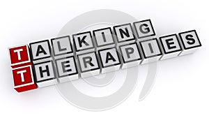 Talkihg therapies word block on white photo