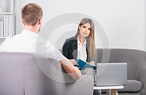Talking business people. Business couple, professional occupation. Portrait of two freelancer discussing about work in