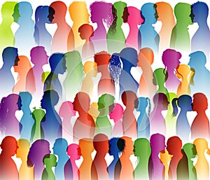 Talking crowd. Dialogue group of many people. Speak. To communicate. Colored silhouette profiles. People talking. Social network.