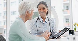 Talking, doctor or elderly patient with tablet for results, digital report or health report history online in hospital