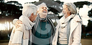Talking, funny and senior woman friends outdoor in a park together for bonding during retirement. Happy, smile and