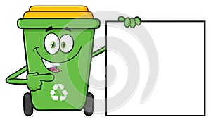 Talking Green Recycle Bin Cartoon Mascot Character Pointing To A Blank Sign Banner