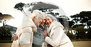 Talking, laughing and elderly woman friends outdoor in a park together for bonding during retirement. Happy, smile and