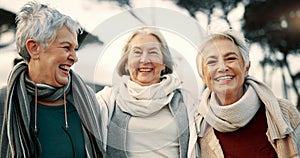 Talking, laughing and elderly woman friends outdoor in a park together for bonding during retirement. Happy, smile and
