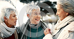 Talking, laughing and senior woman friends outdoor in a park together for bonding during retirement. Happy, smile and