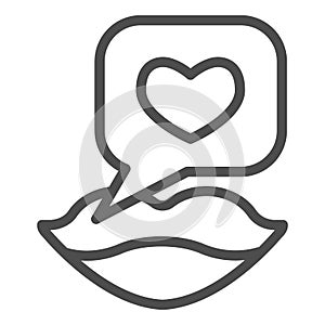 Talking about love line icon. Woman lips with heart in speech bubble symbol, outline style pictogram on white background