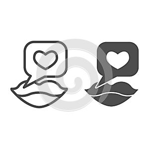 Talking about love line and solid icon. Woman lips with heart in speech bubble symbol, outline style pictogram on white