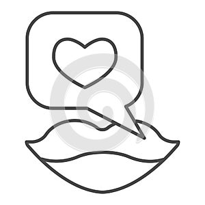 Talking about love thin line icon. Woman lips with heart in speech bubble symbol, outline style pictogram on white