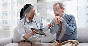 Talking, old man or doctor with good news on tablet for results, report or report history online in hospital. Clearance