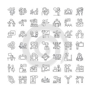 Talking people linear icons, signs, symbols vector line illustration set