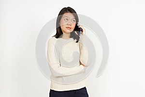 Talking on the phone with sad face of Beautiful Asian Woman Isolated On White